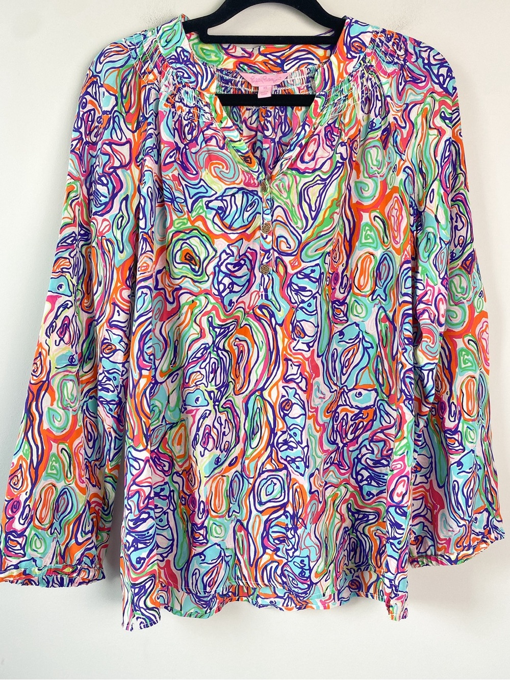 Lilly Pulitzer Womens Elsa 100% Silk Blouse XS Rainbow What A Catch Fish Print